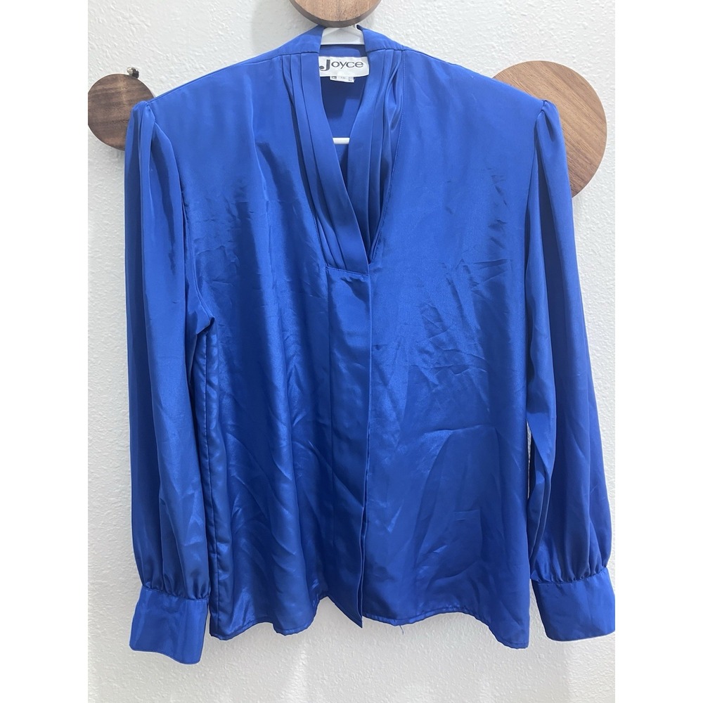 Vintage Joyce Pleated V Neck Blouse Cobalt Blue Size 10 Shoulder Pads 80s Retro